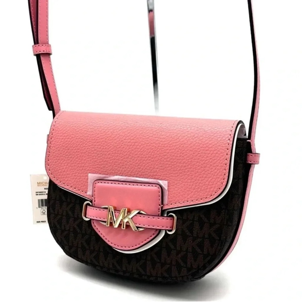 Michael Kors Small Reed Leather Saddle Crossbody Bag Brown/Pink